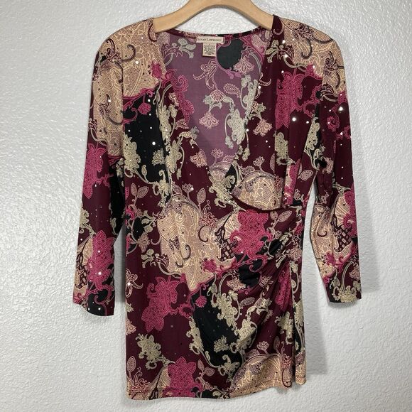 Susan Lawrence Tops - Y2K Top L Dark Paisley Floral Fairy Whimsigoth V-neck Faux Wrap Sparkle Dots